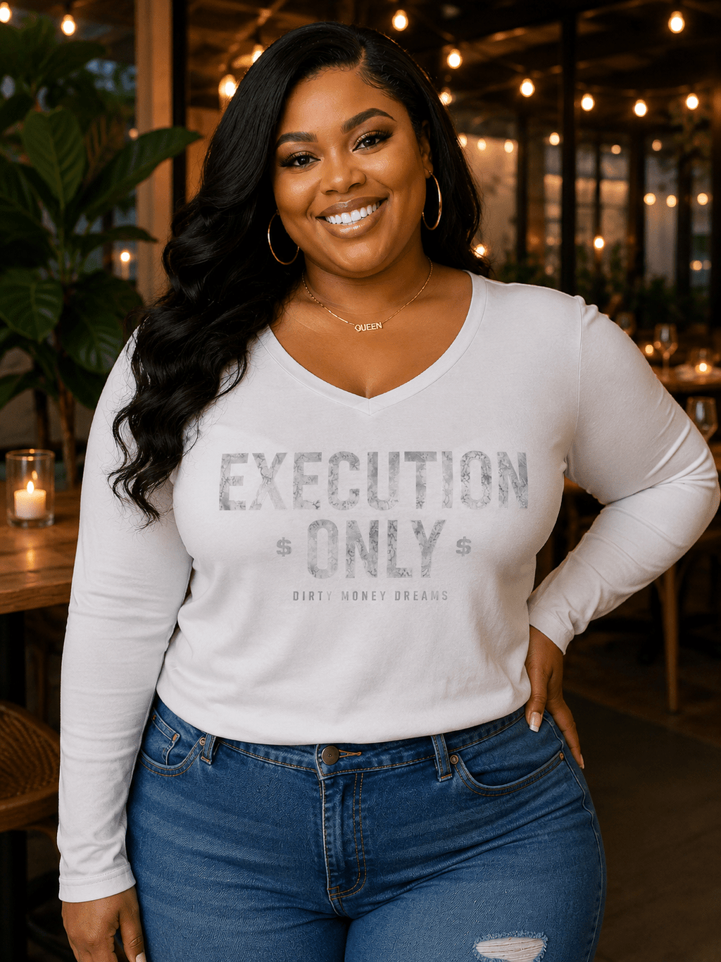 Execution Only Women’s Long Sleeve V - Neck Shirt – Premium Streetwear | Dirty Money Dreams - DIRTY MONEY DREAMS