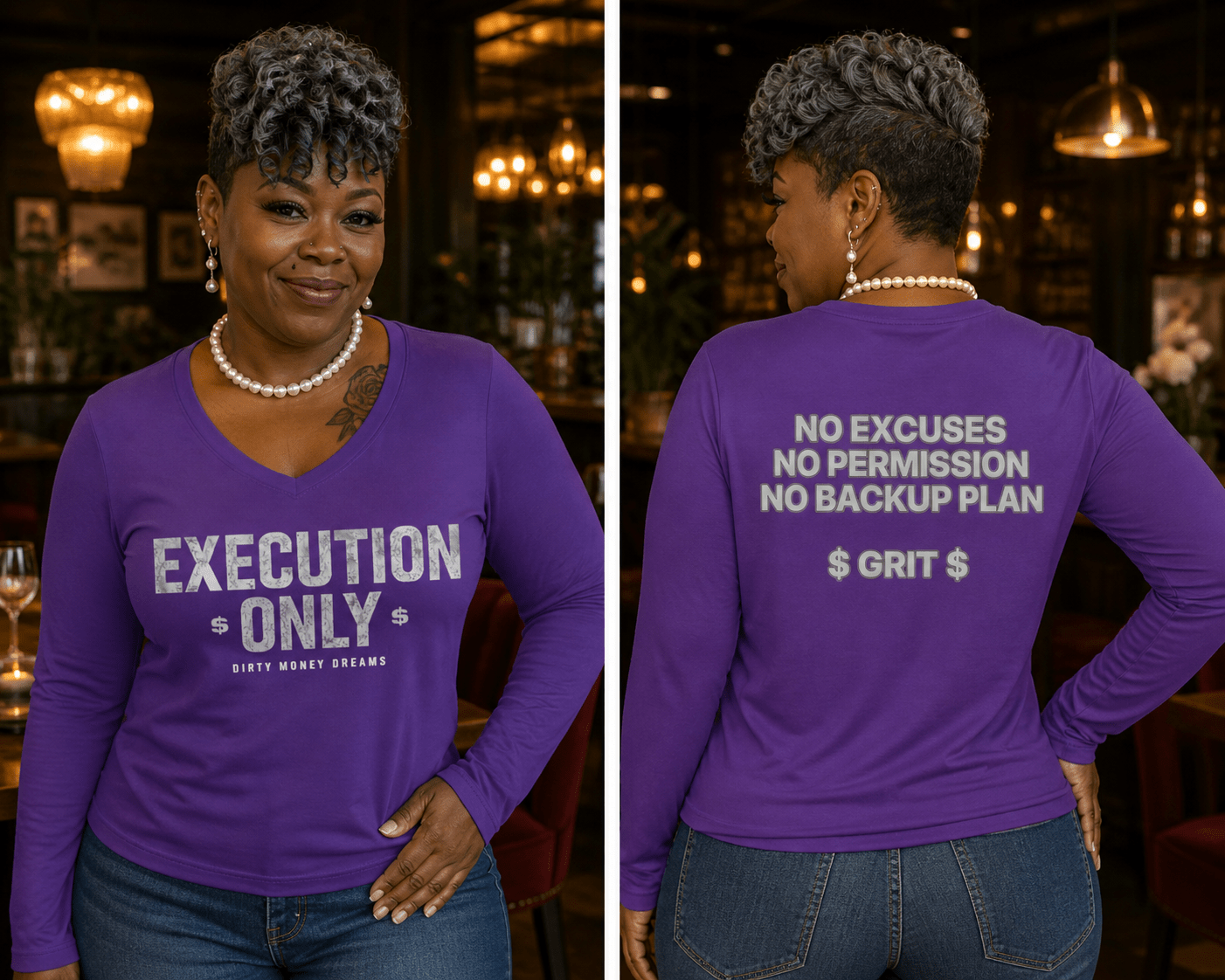 Execution Only Women’s Long Sleeve V - Neck Shirt – Premium Streetwear | Dirty Money Dreams - DIRTY MONEY DREAMS